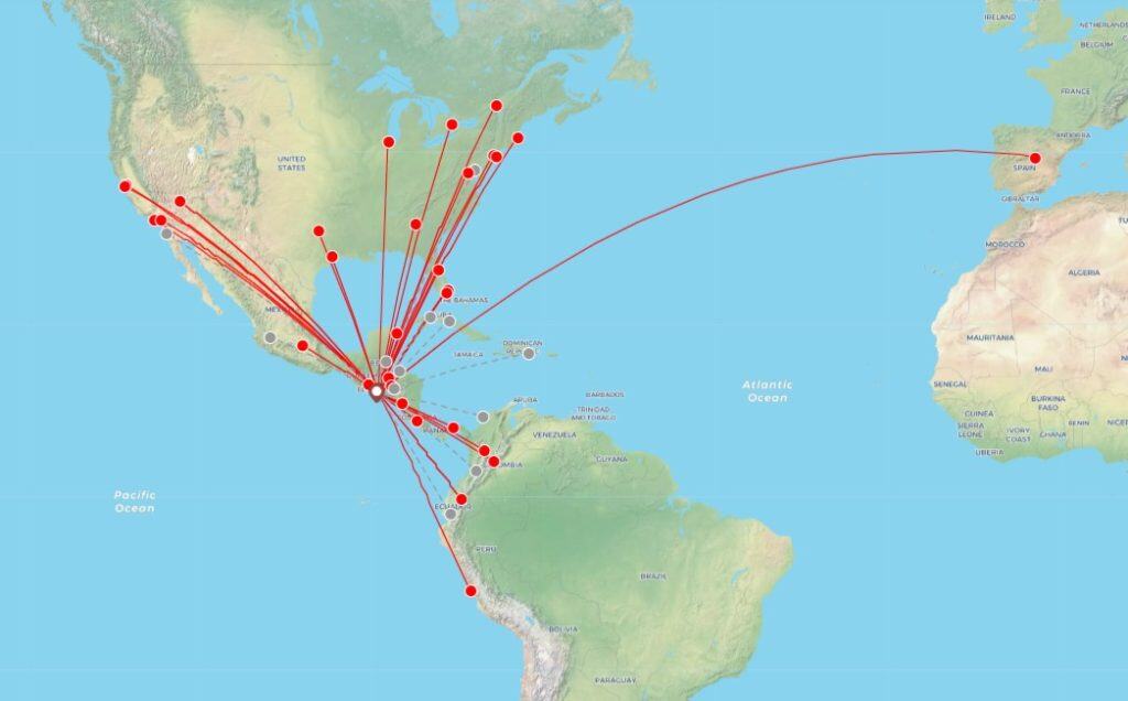 Airlines offering flights from North America to El Salvador with various routes and travel options.
