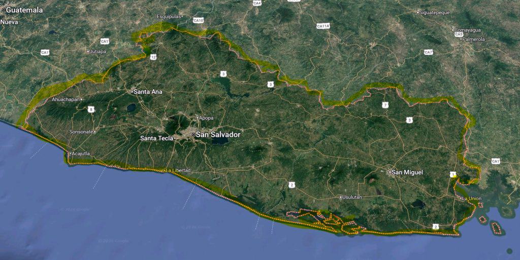 Map of El Salvador highlighting major cities and borders.