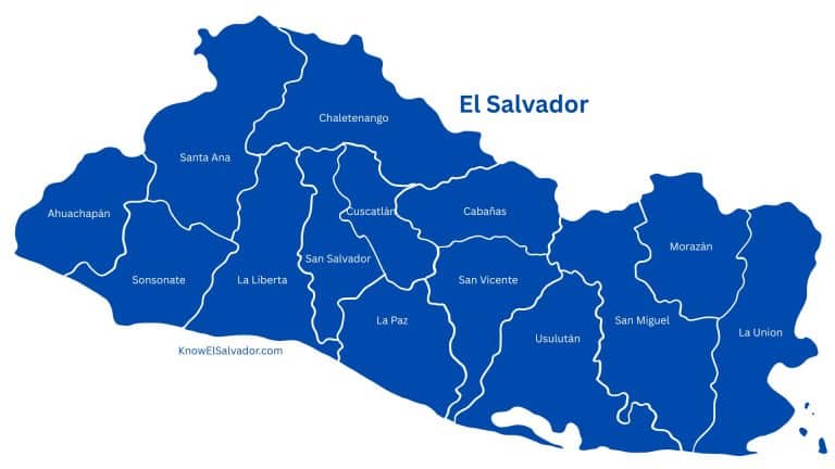 Map of El Salvador showing its departments and geographic regions.