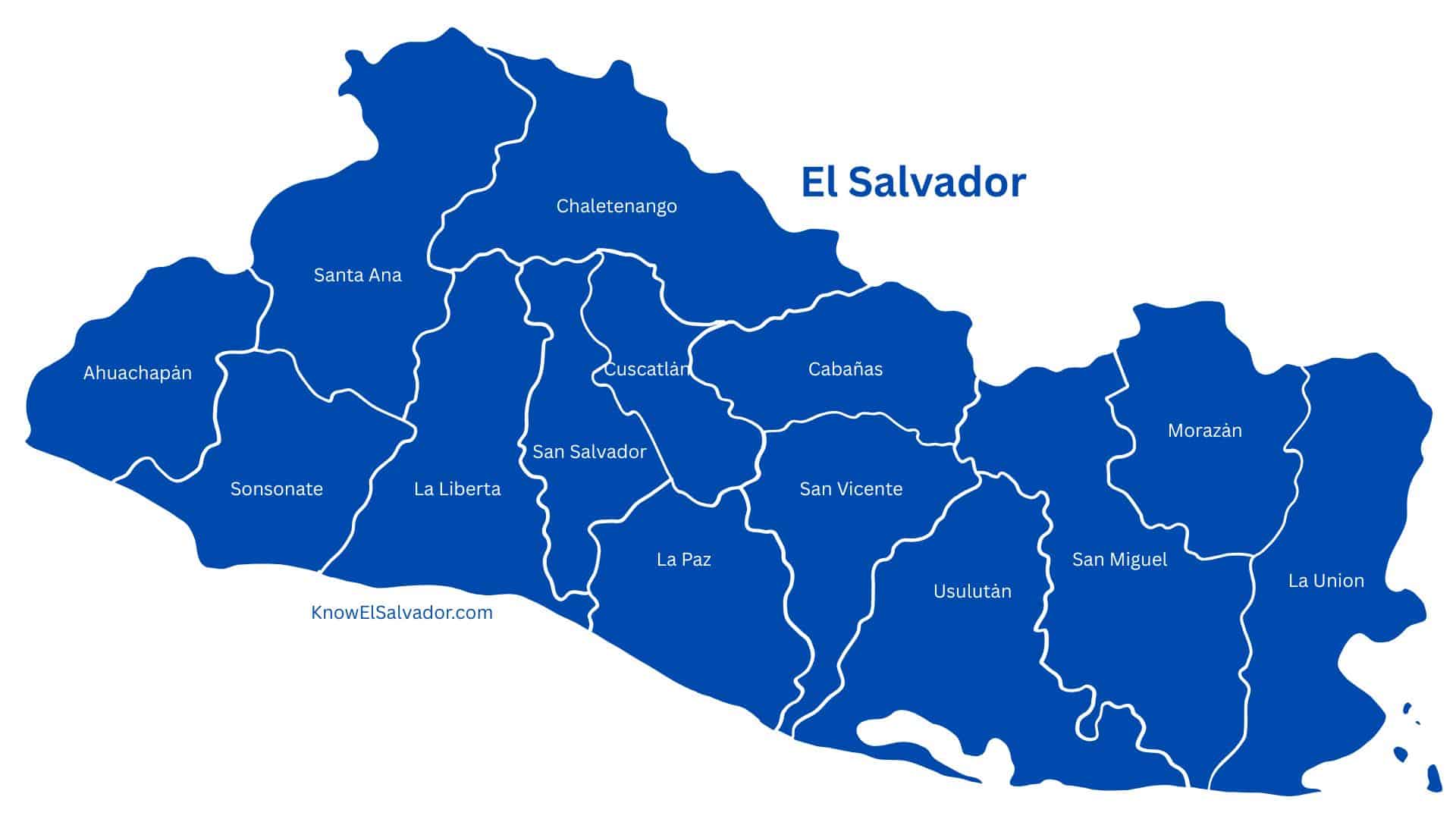 Map of El Salvador showing its departments and geographic regions.